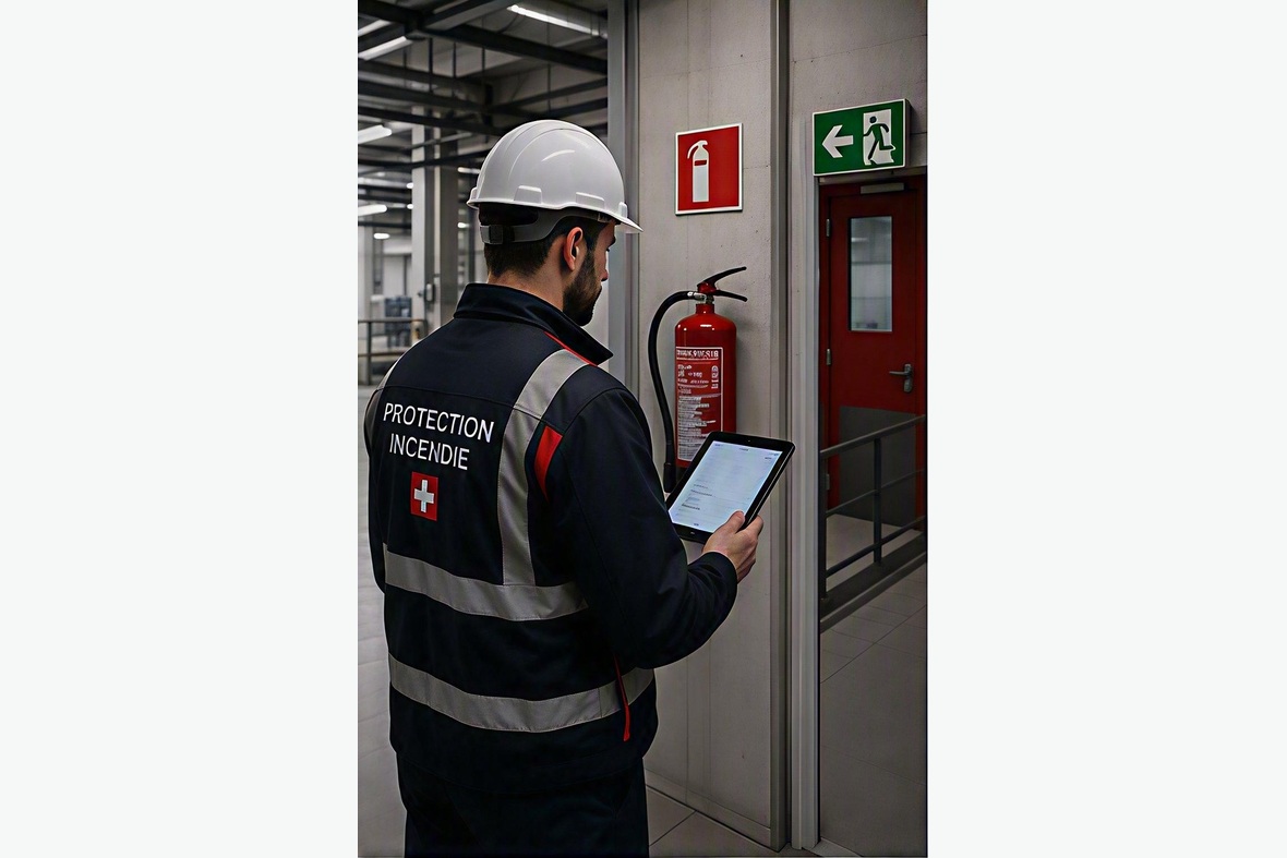 Contrôle protection incendie avec extincteur et sortie de secours