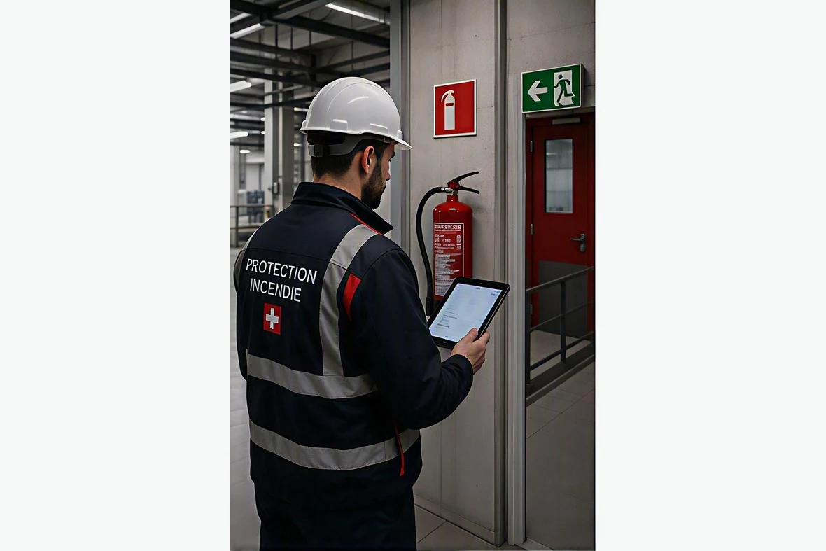 Contrôle protection incendie avec extincteur et sortie de secours