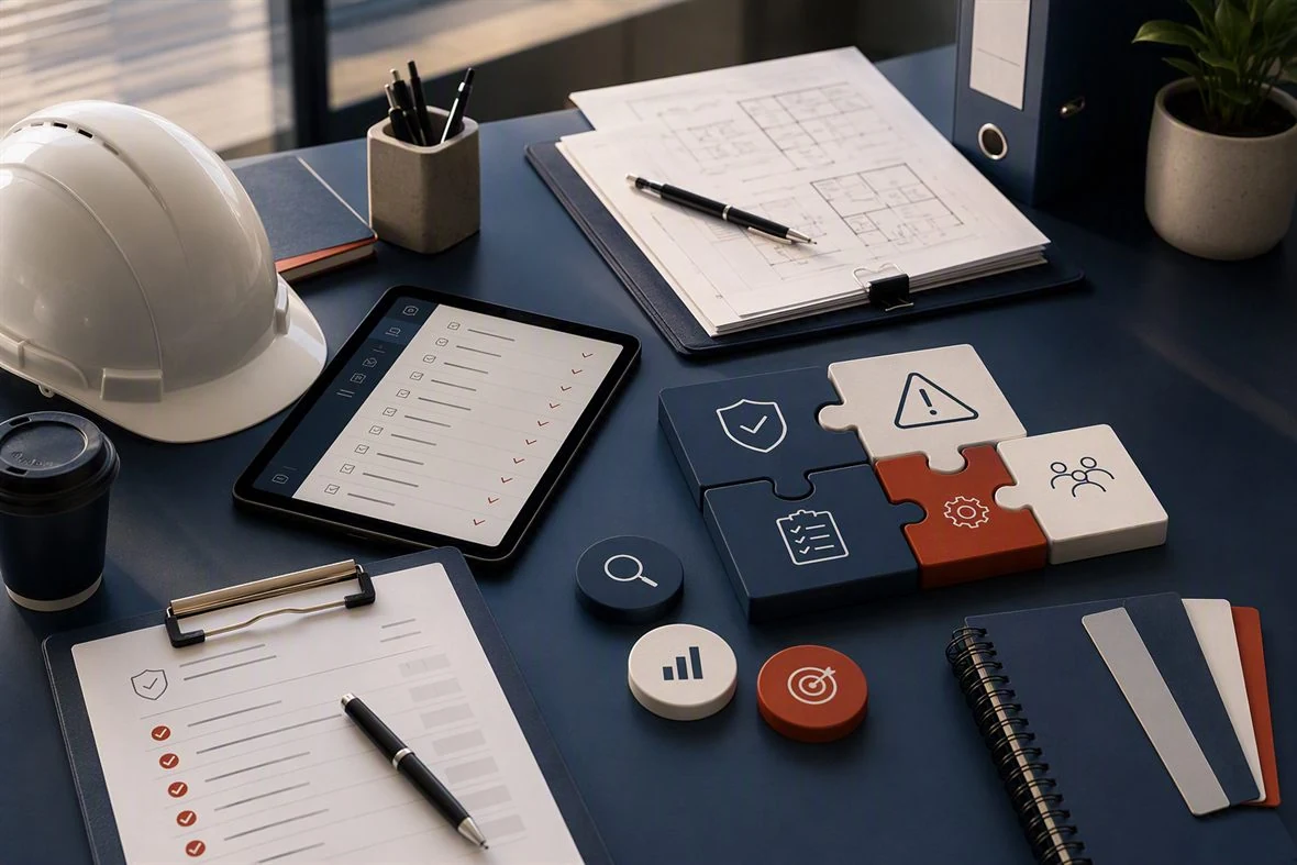 Documents et pictogrammes de prévention sur un bureau
